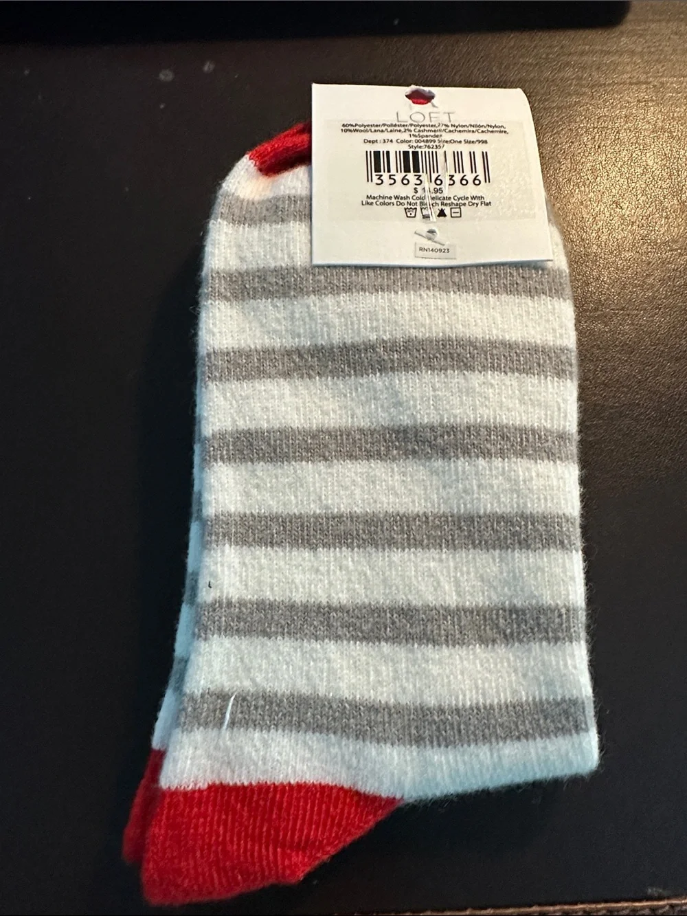 LOFT Gray & White Striped Crew Socks with Red Accents